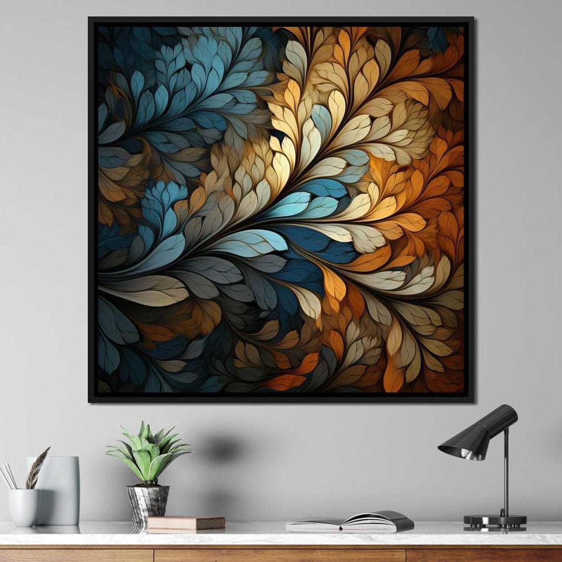 Swirling Teal Amber Leaf Mosaic Abstract Botanical Wall Art Poster