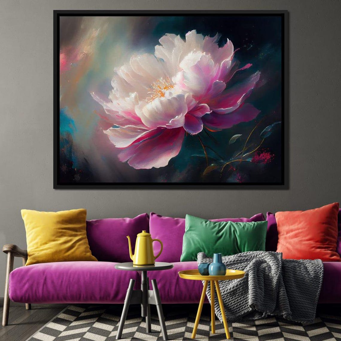 Ethereal Pink Peony Bloom On Dark Background Modern Floral Art Print