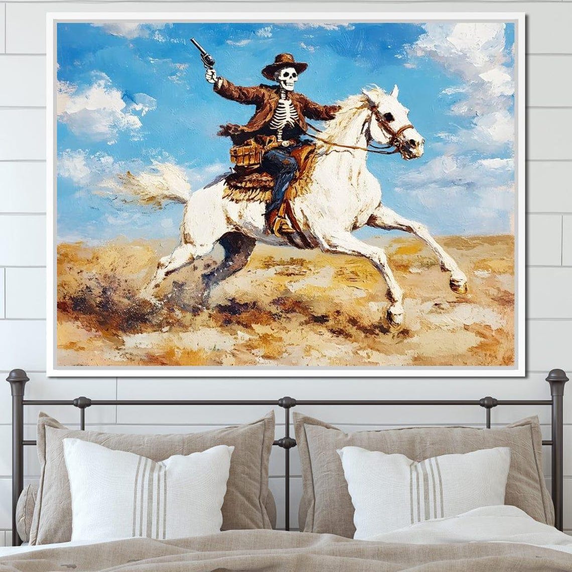 Skeleton Cowboy Riding a White Horse Across the Desert Poster - Image 3