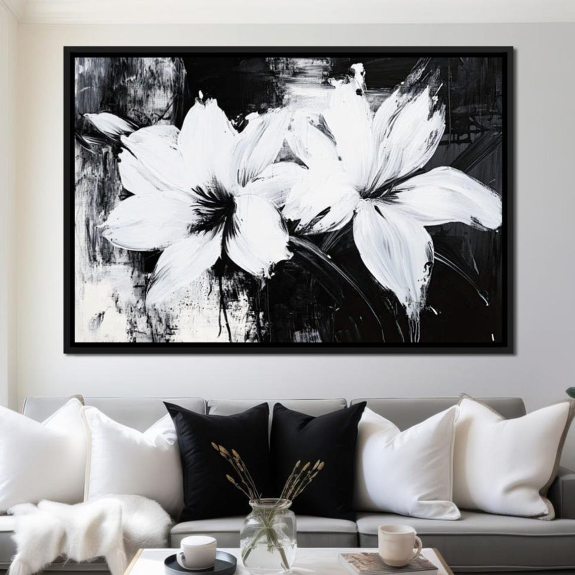 Monochrome White Flowers Black Background Elegant Botanical Poster
