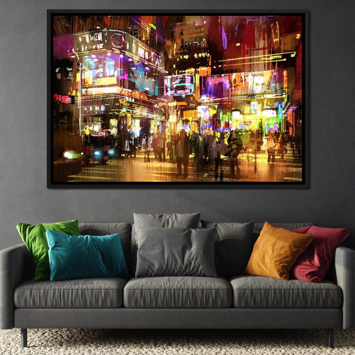 Erythracus Market Vibrant Urban Cityscape Neon Lights Nightlife Oil Painting Modern Decor Colorful Rainy Street Art By Nichecanvas
