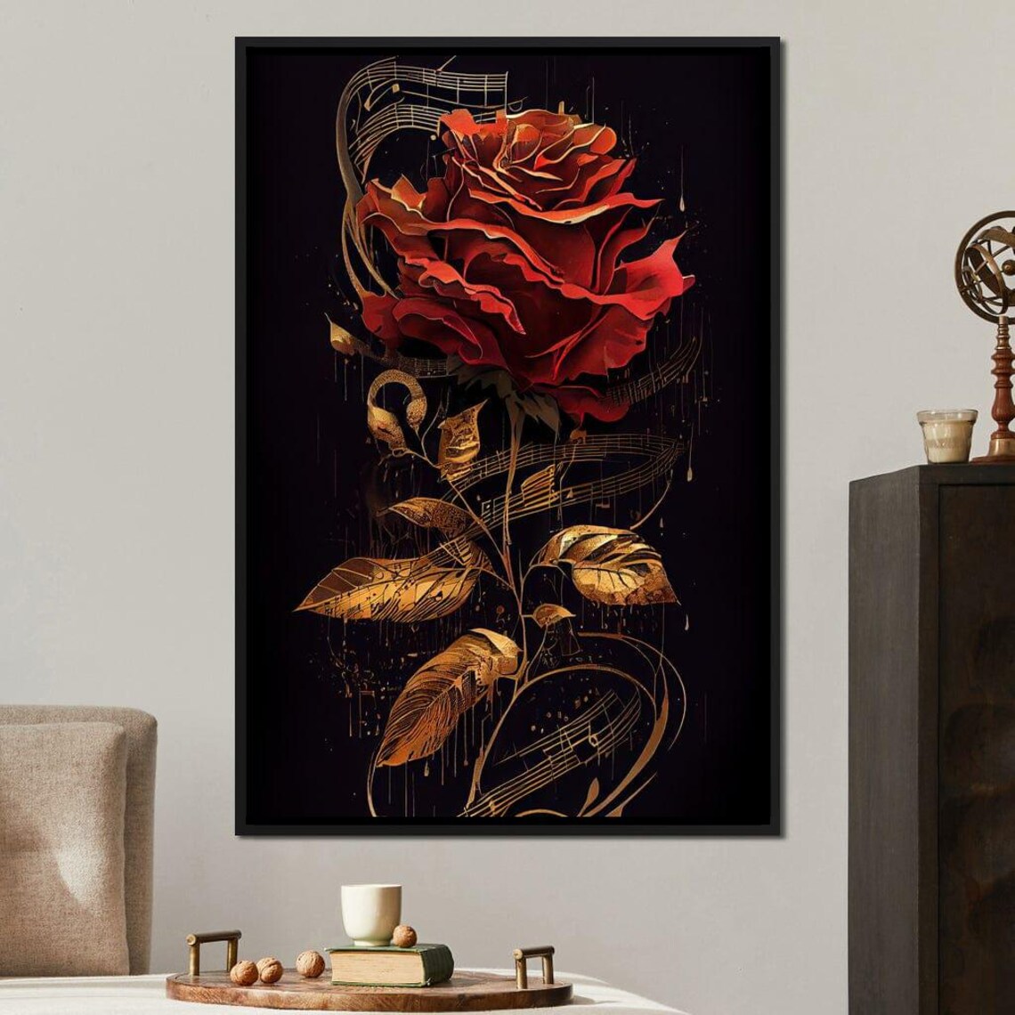 Red Rose Sheet Music Gold Leaves Romantic Classical Wall Art