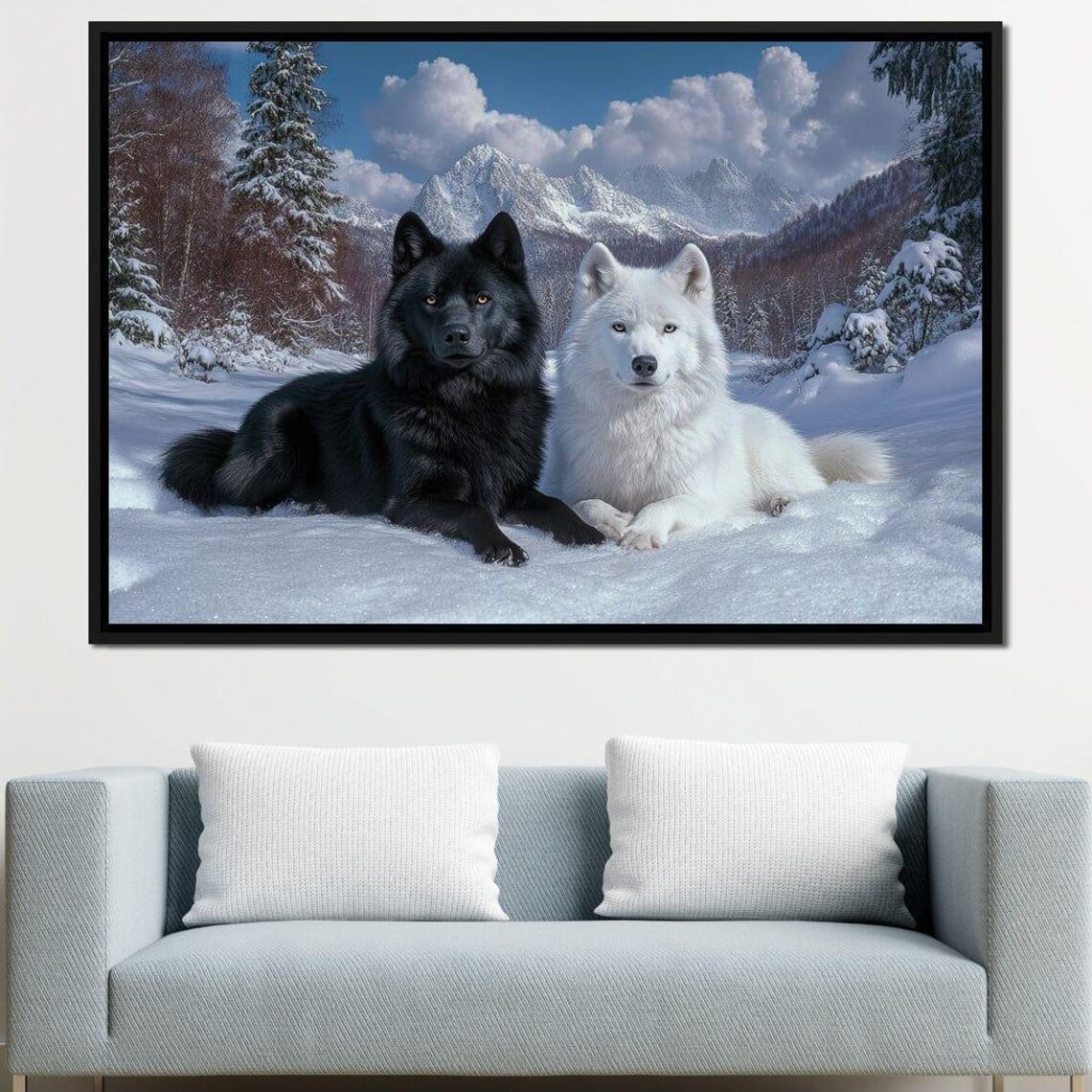 Black And White Huskies Snowy Mountain Winter Scene Wildlife Art Poster - Image 4