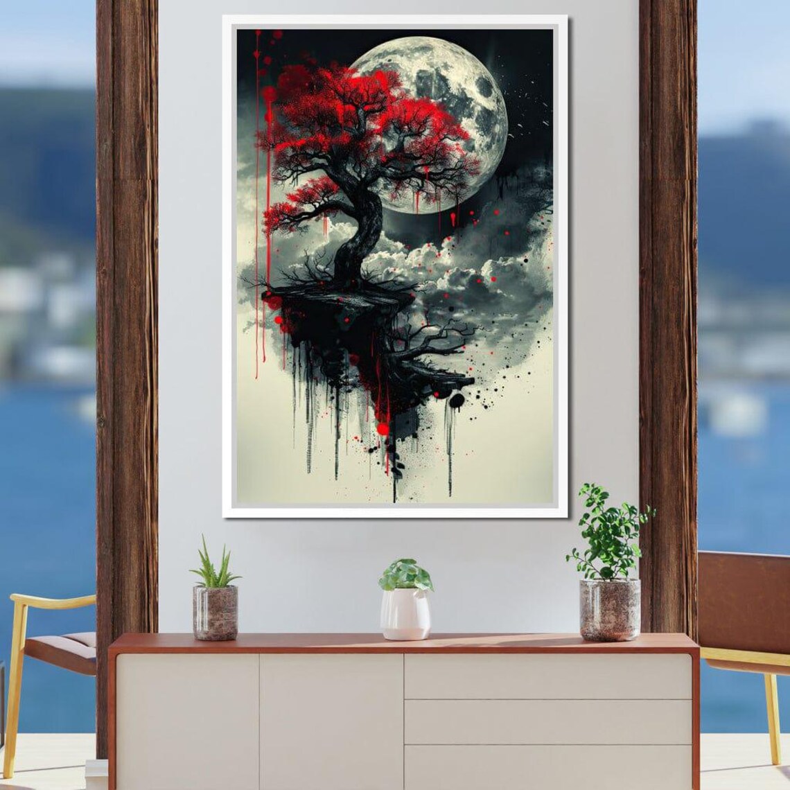 Red Maple Bonsai Full Moon Floating Ink Wash Japanese Art Poster - Image 2