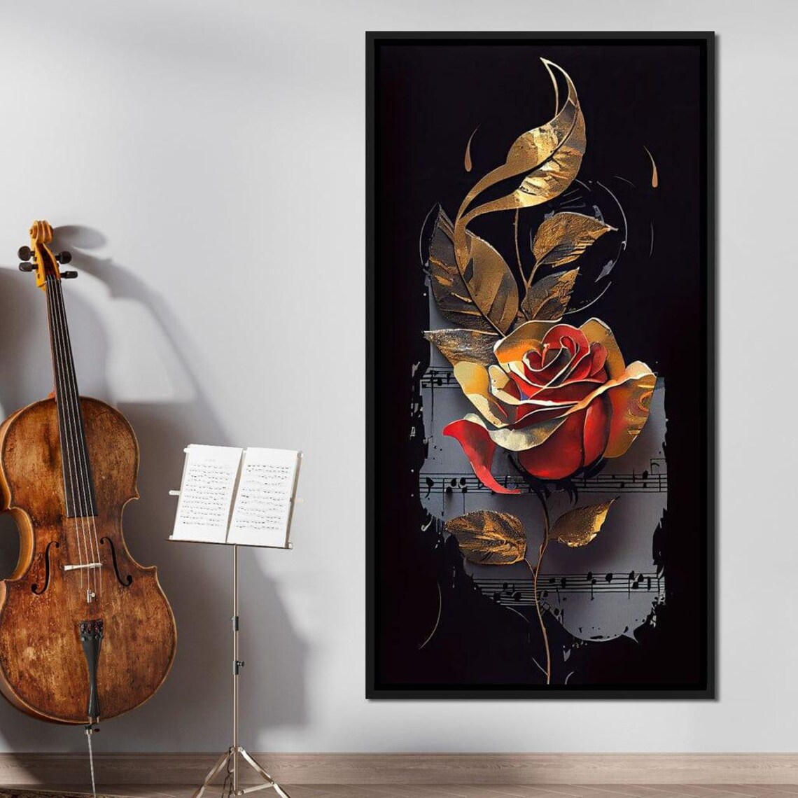 Red Rose Sheet Music Gold Leaves Black Classical Music Poster