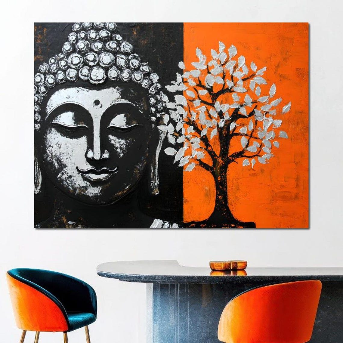 Serene Buddha Face With Bodhi Tree Orange Zen Meditation Poster - Image 3