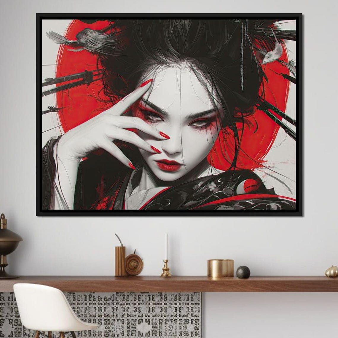 Japanese Geisha Monochrome Red Sun Dramatic Portrait Wall Art Print