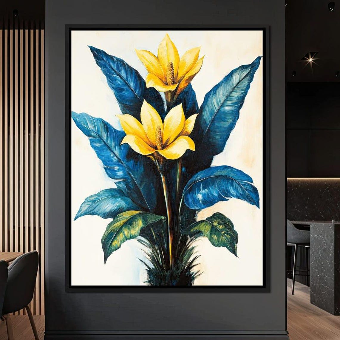 Golden Tropical Blooms With Deep Blue Leaves On White Poster - Image 3