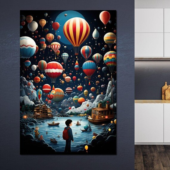 Hot Air Balloons Night Sky Boy Adventure Dreamy Landscape Art Print