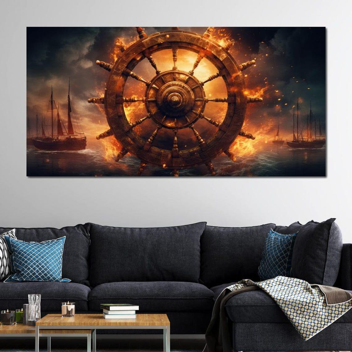 Burning Ships Wheel Fiery Ocean Storm Nautical Fantasy Wall Poster - Image 3