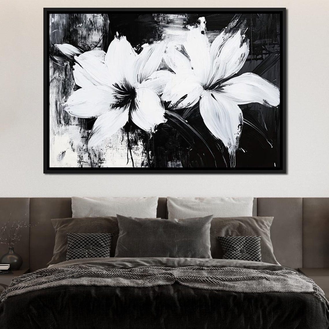 Monochrome White Flowers Black Background Elegant Botanical Poster - Image 2