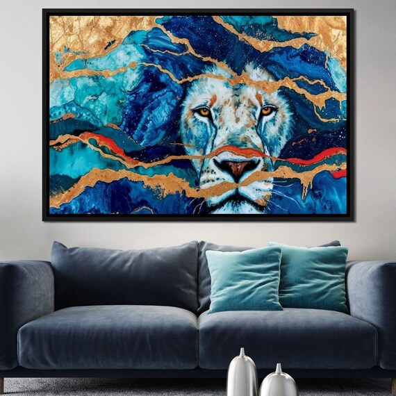 Abstract Lion Face Blue Gold Waves Majestic Wildlife Art Print Decor