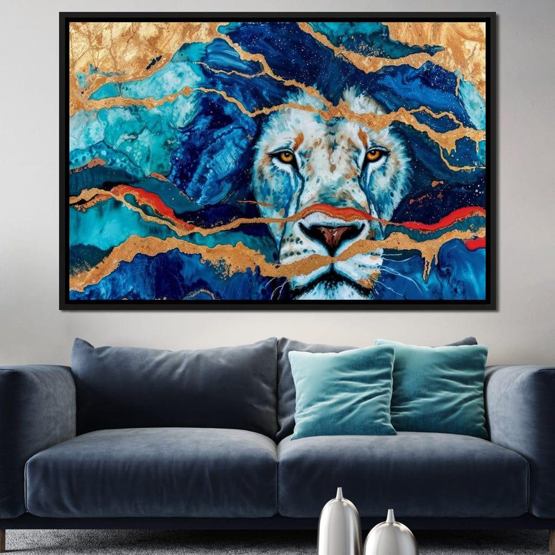 Abstract Lion Face Blue Gold Waves Majestic Wildlife Art Print Decor