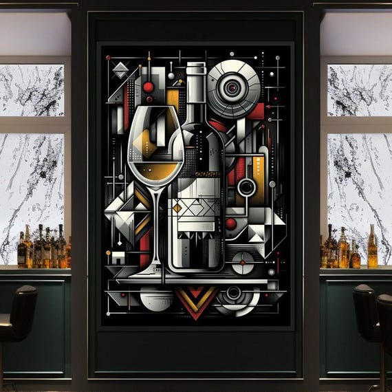 Eclectic Wine Composition Geometric Wine Art Modern Home Decor Bold Abstract Wall Art Wine Lover Gift Black Yellow By Nichecanvas