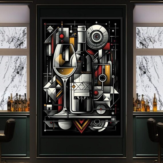 Geometric Wine Bottle Glass Abstract Black Gold Red Modern Bar Wall Art