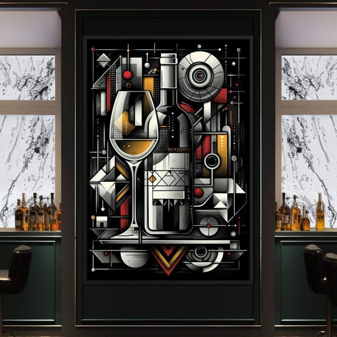 Eclectic Wine Composition Geometric Wine Art Modern Home Decor Bold Abstract Wall Art Wine Lover Gift Black Yellow By Nichecanvas