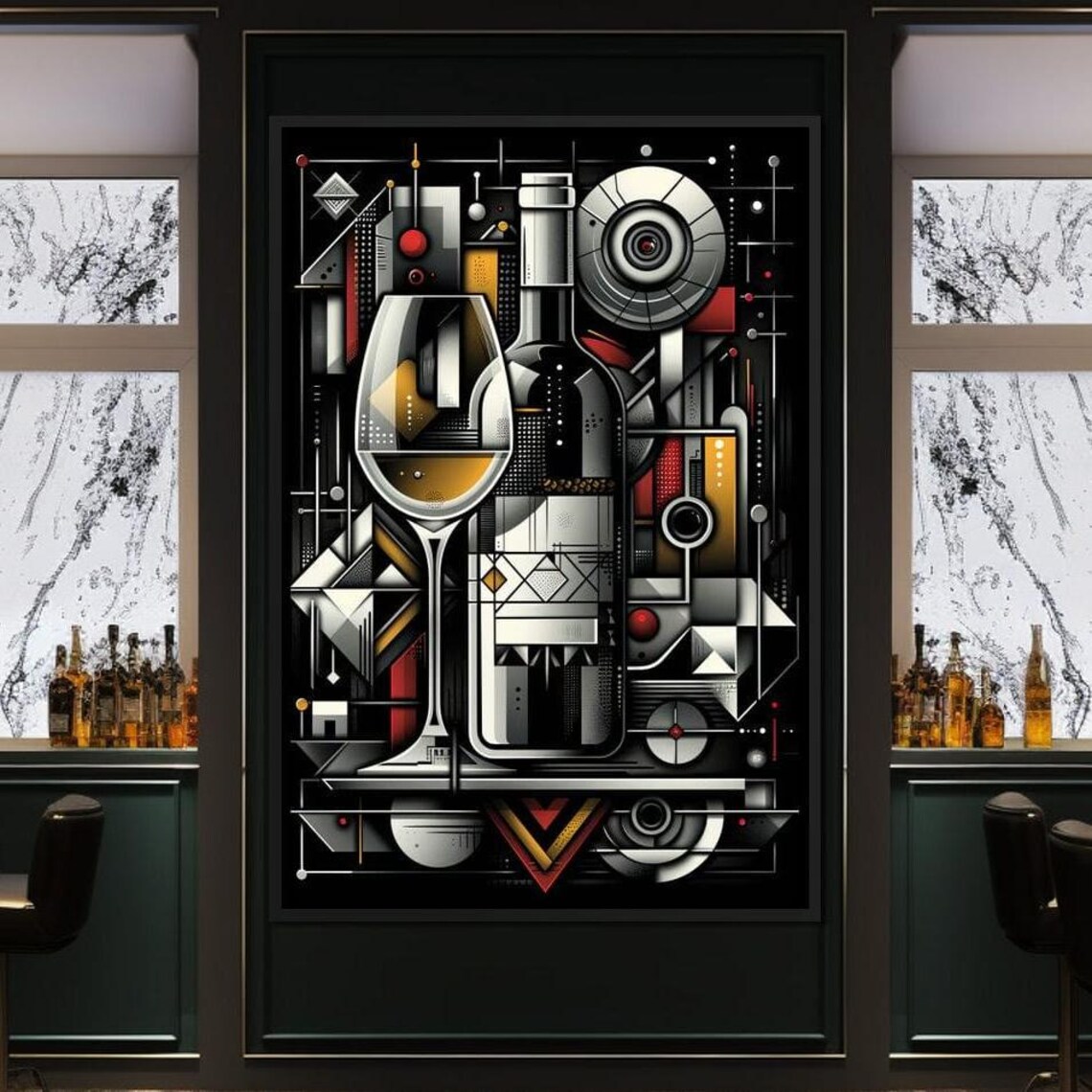 Geometric Wine Bottle Glass Abstract Black Gold Red Modern Bar Wall Art
