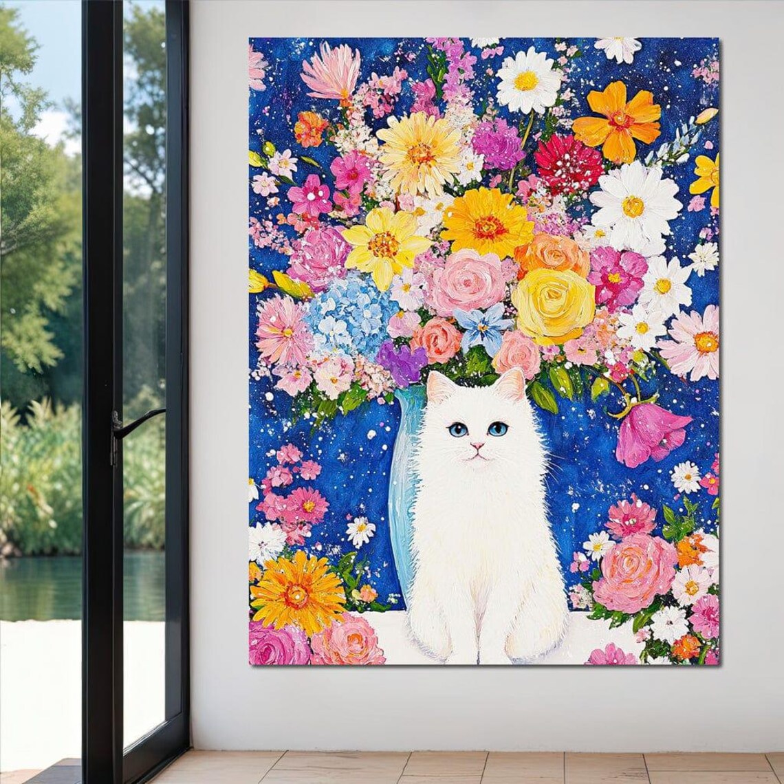 White Fluffy Cat Colorful Flower Bouquet Blue Framed Whimsical Wall Art - Image 2