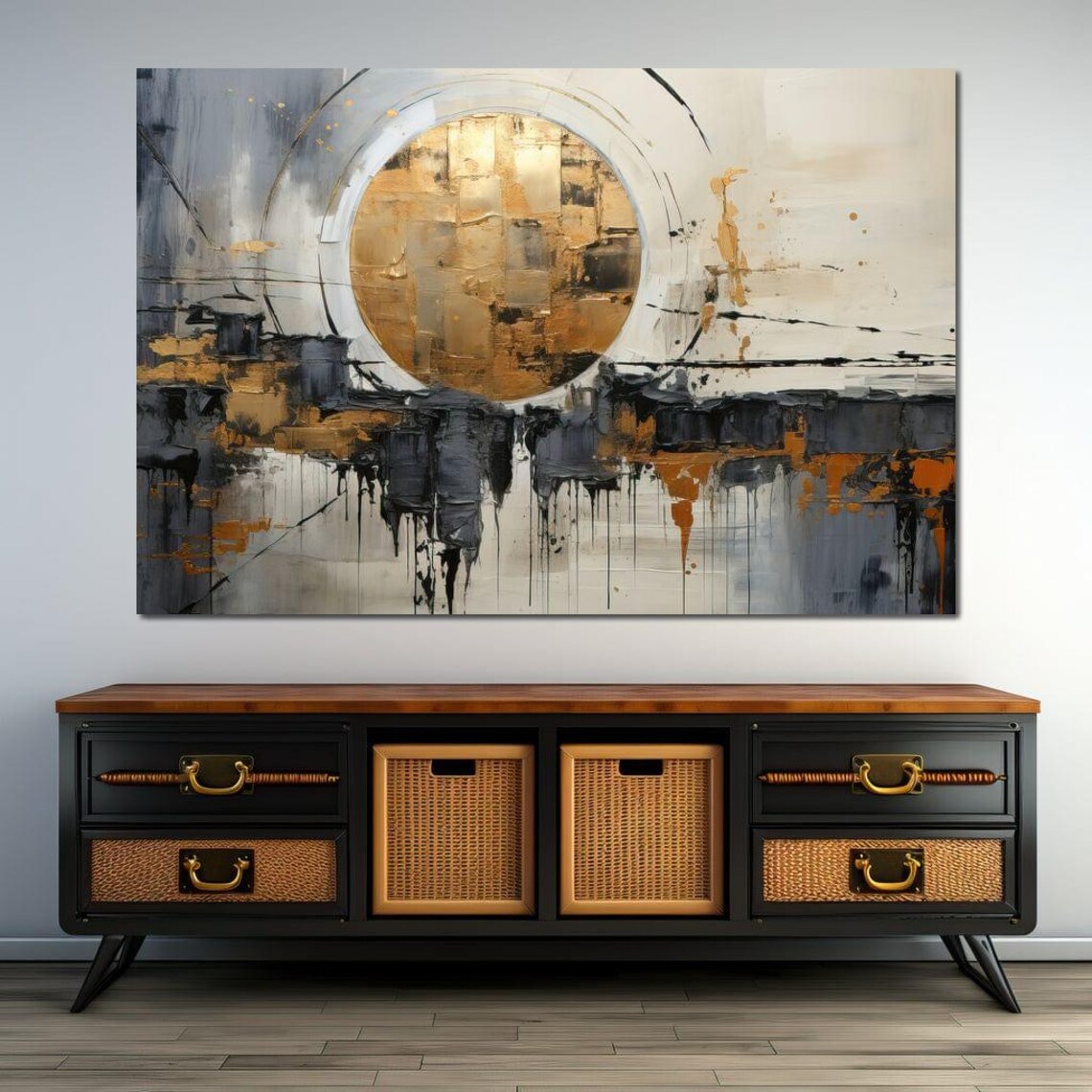 Golden Sun Circle Grey Black Impasto Abstract Modern Living Room Wall Art Poster - Image 3