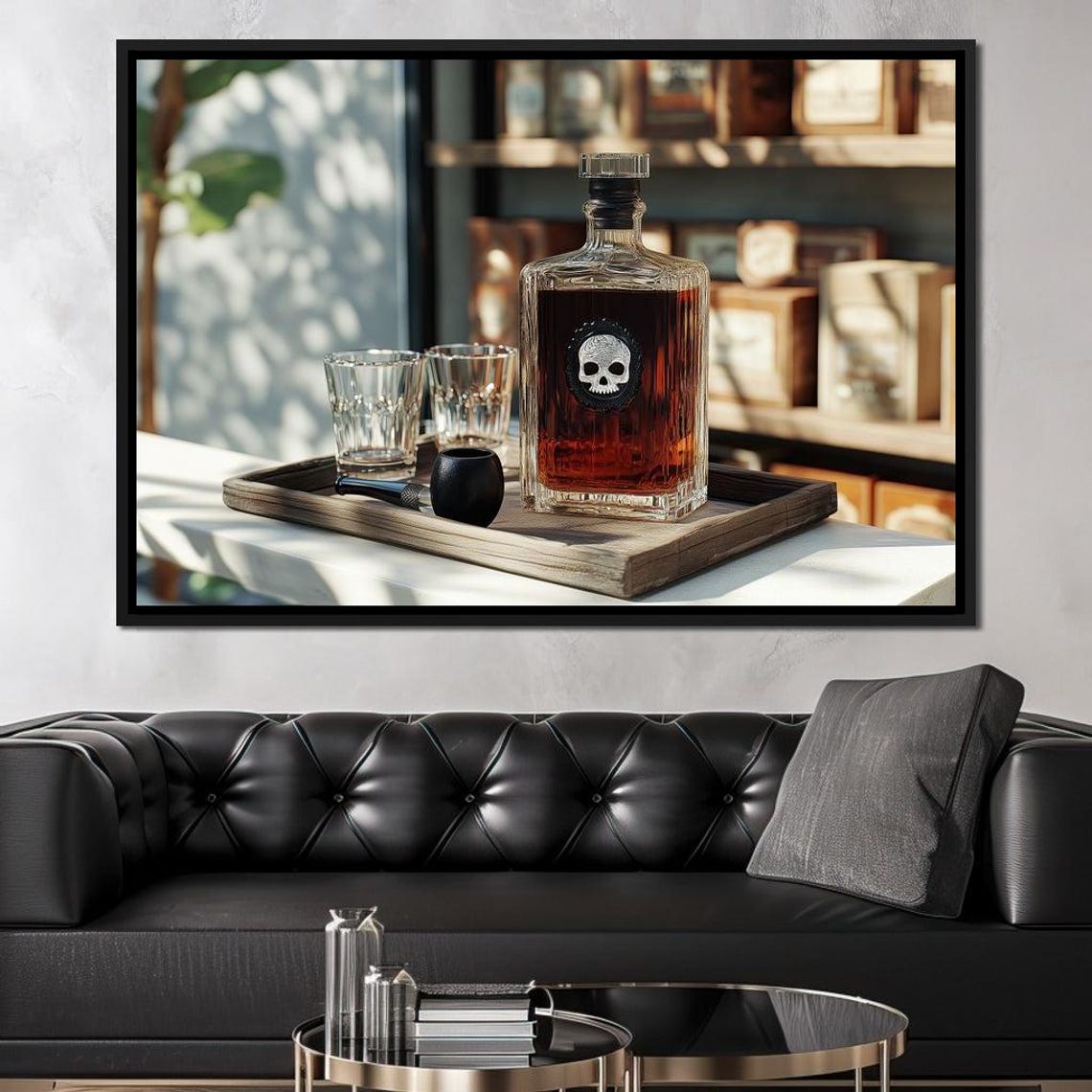Skull Whiskey Decanter Crystal Glasses Dark Elegant Bar Room Art Print