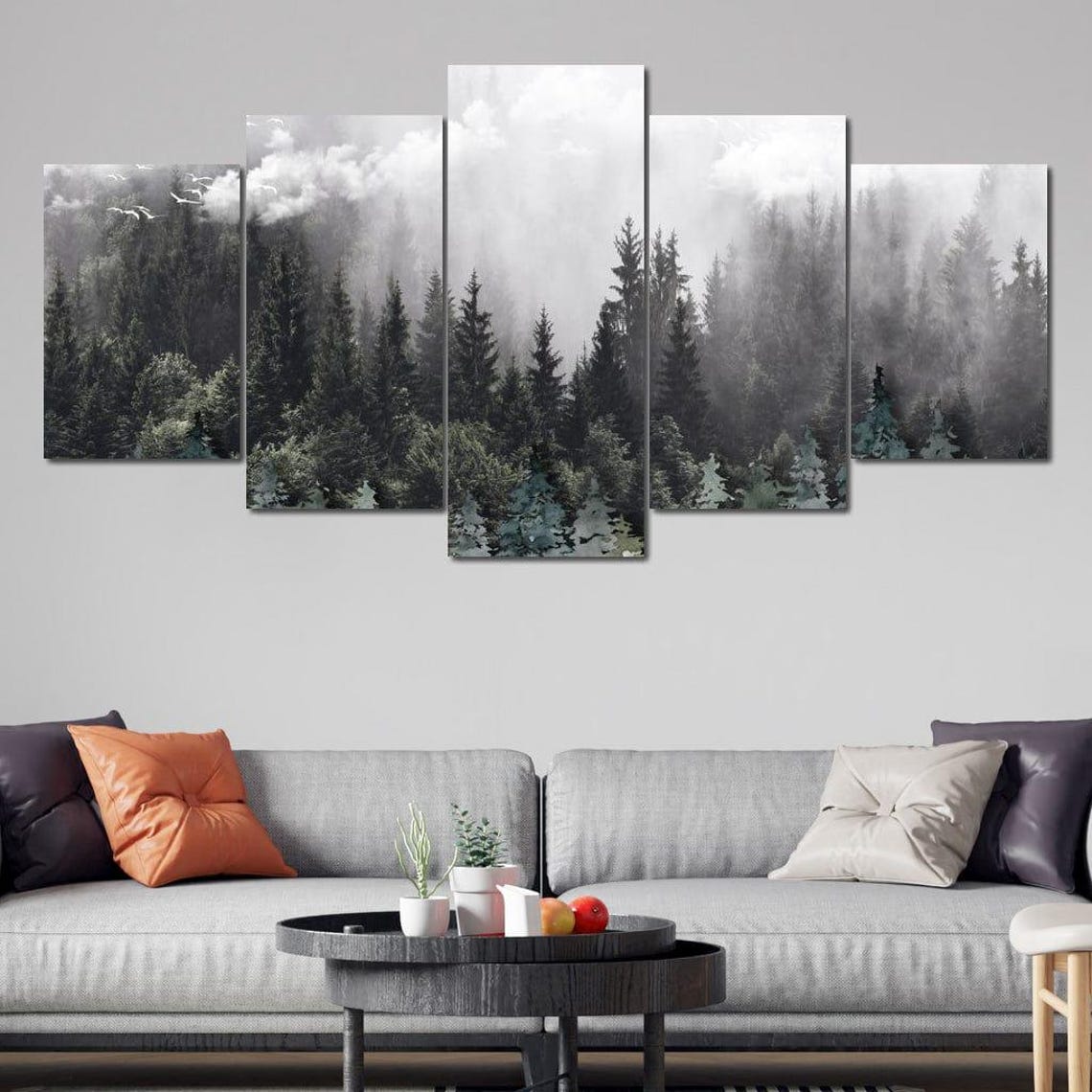 Misty Pine Forest Five Panel Gray Watercolor Woodland Travel Poster - Image 4