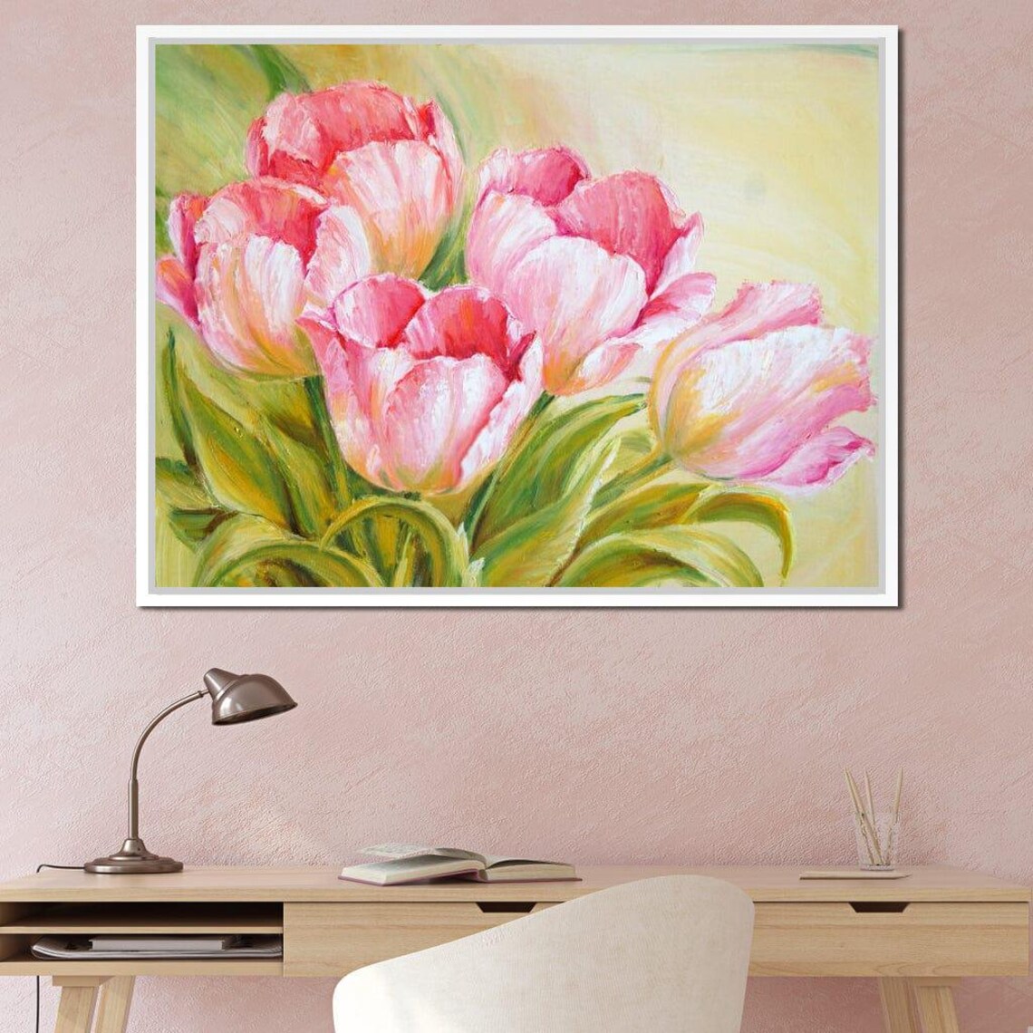 Pink Tulips Oil Painting Soft Yellow Green Spring Floral Print