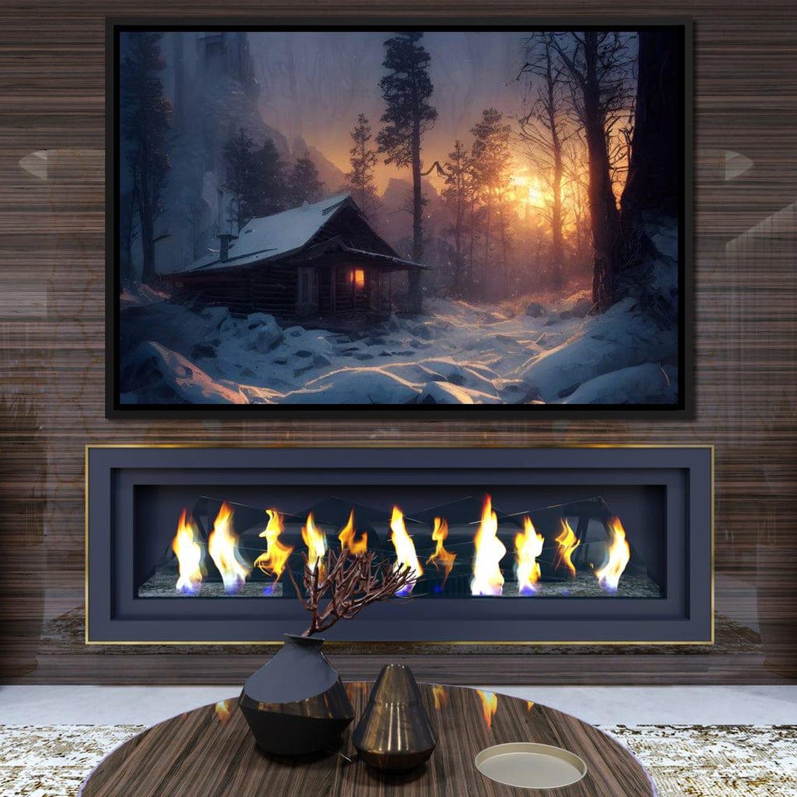 Snowy Log Cabin Winter Forest Sunset Cozy Woodland Travel Poster