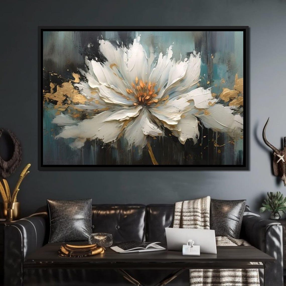 White Bloom Gold Splatter Five Panel Floral Modern Art Print - Image 3