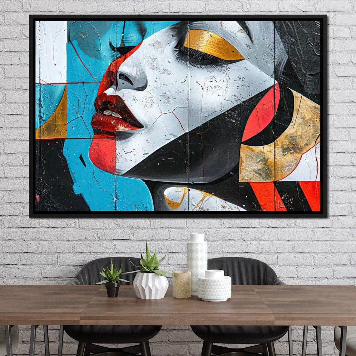 Abstract Blue Red Gold Cubist Woman Face Urban Wall Art Poster - Image 3
