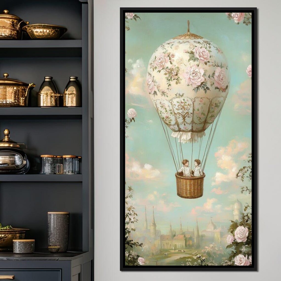 Vintage Rose Hot Air Balloon Children Dreamy European Sky Wall Art