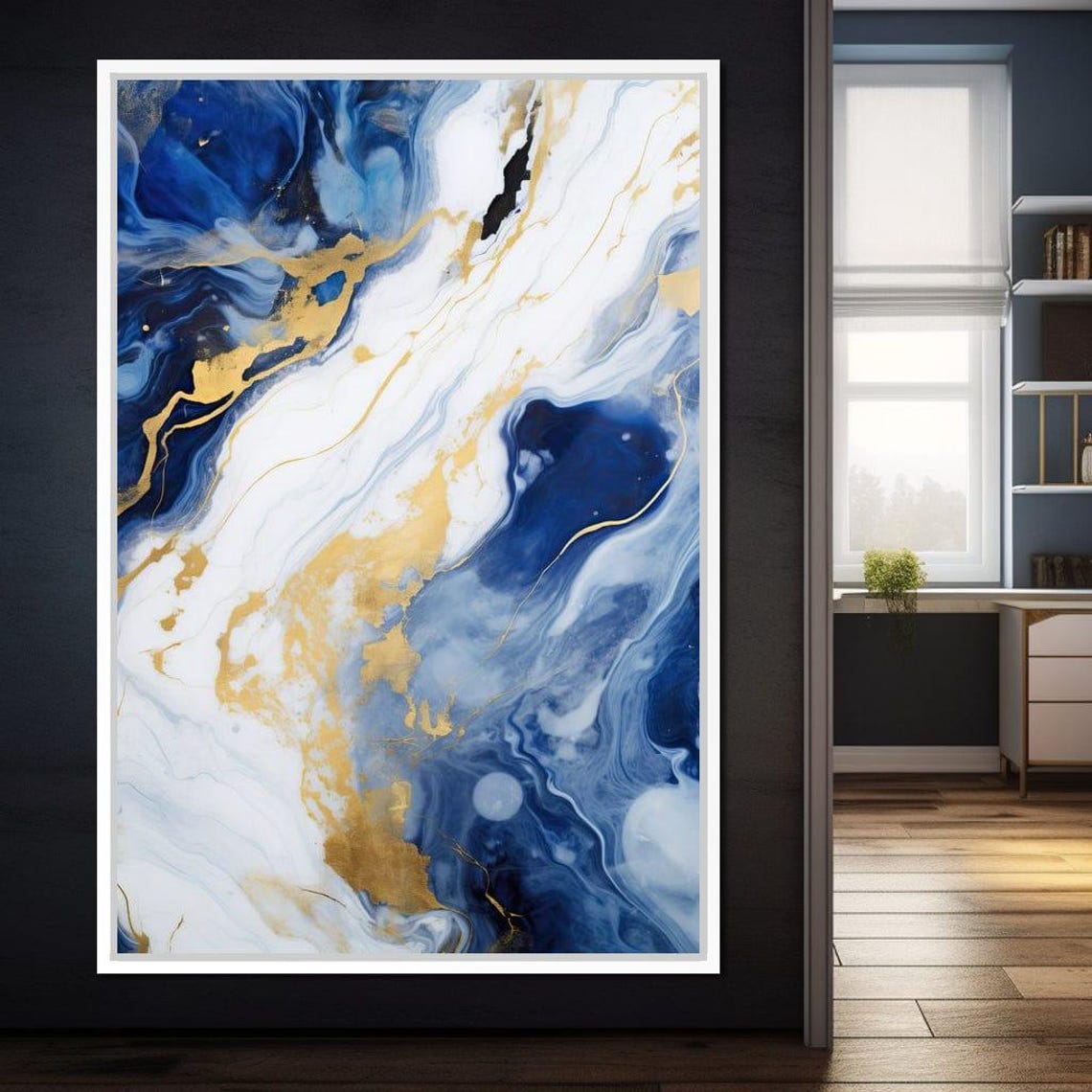 Blue White Gold Fluid Marble Elegant Vertical Abstract Wall Art