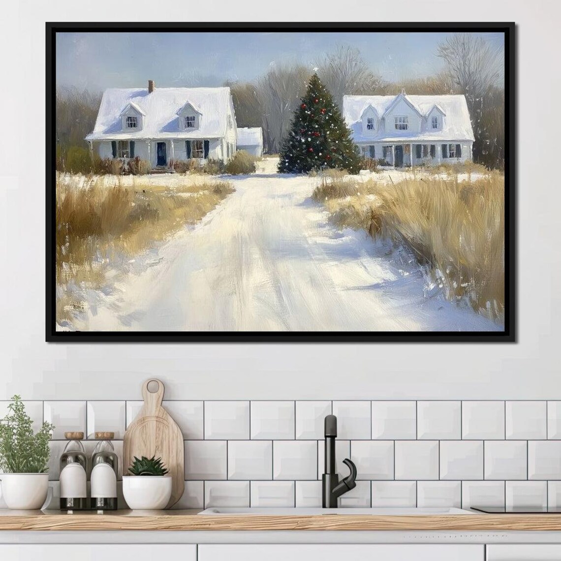 Snowy Winter Homestead White Farmhouse Christmas Tree Lane Poster - Image 3