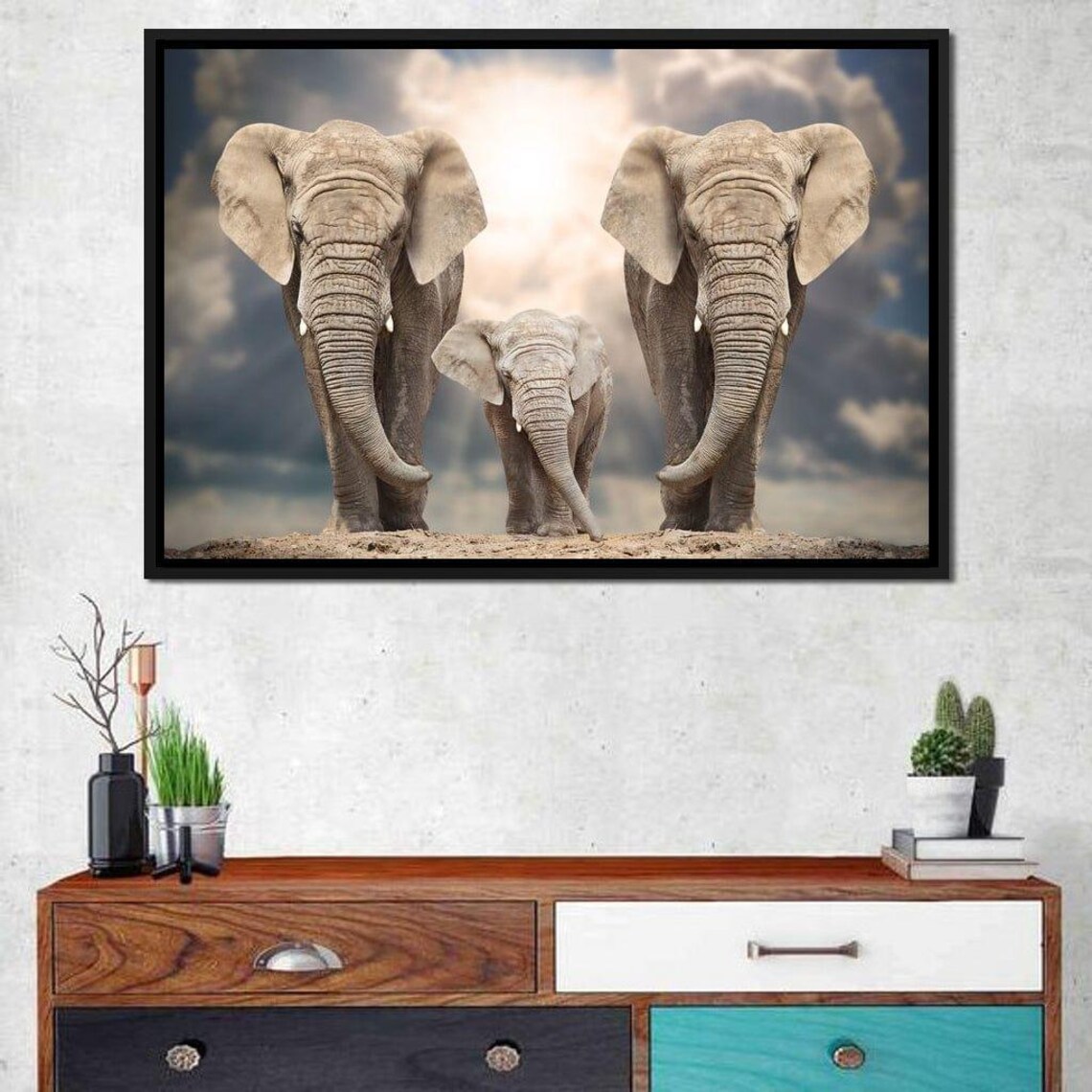 Elephant Family Mother Calf Under Golden Sky Safari Wildlife Art Poster - Image 2