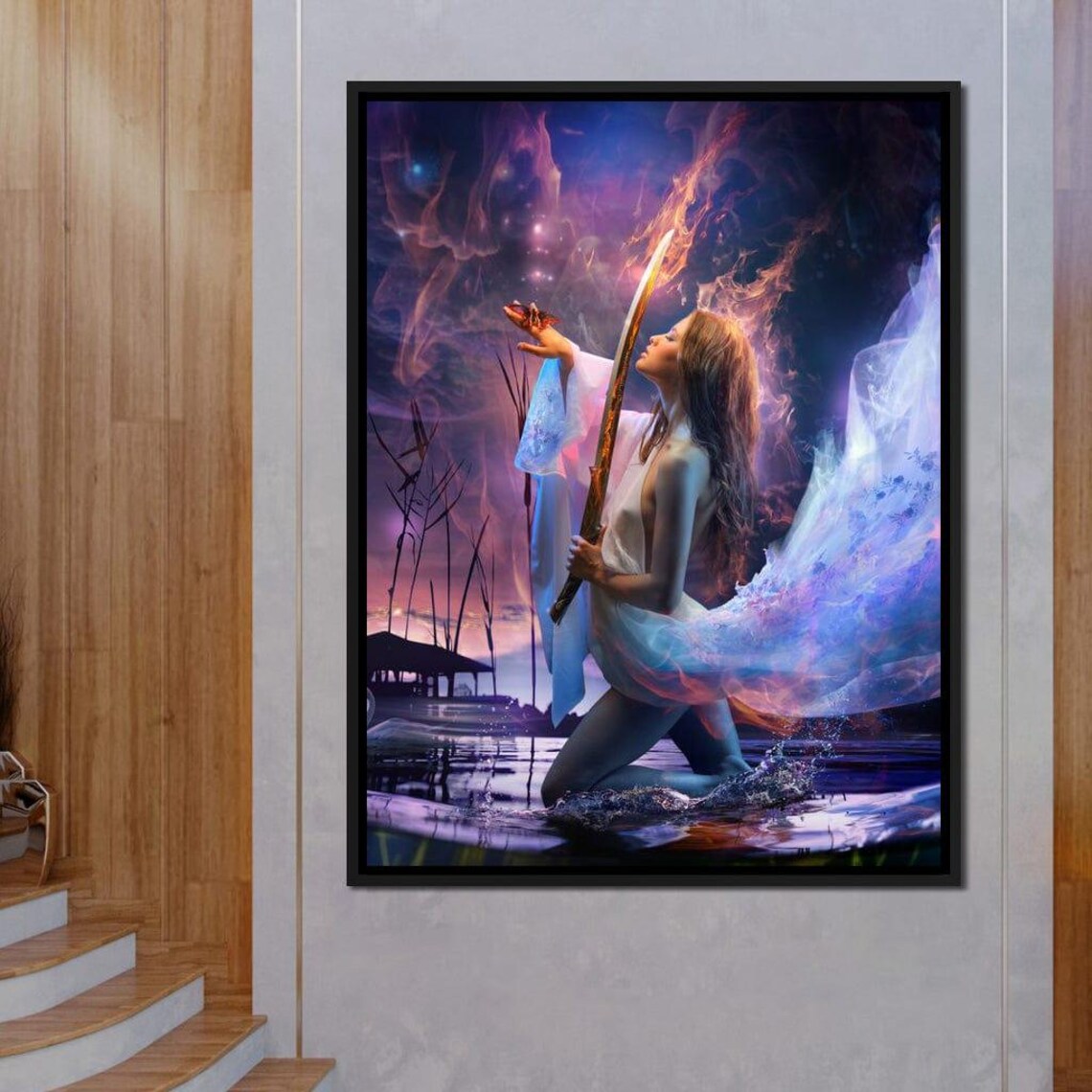 Mystical Woman With Flaming Sword Purple Mist Fantasy Art Poster - Image 2