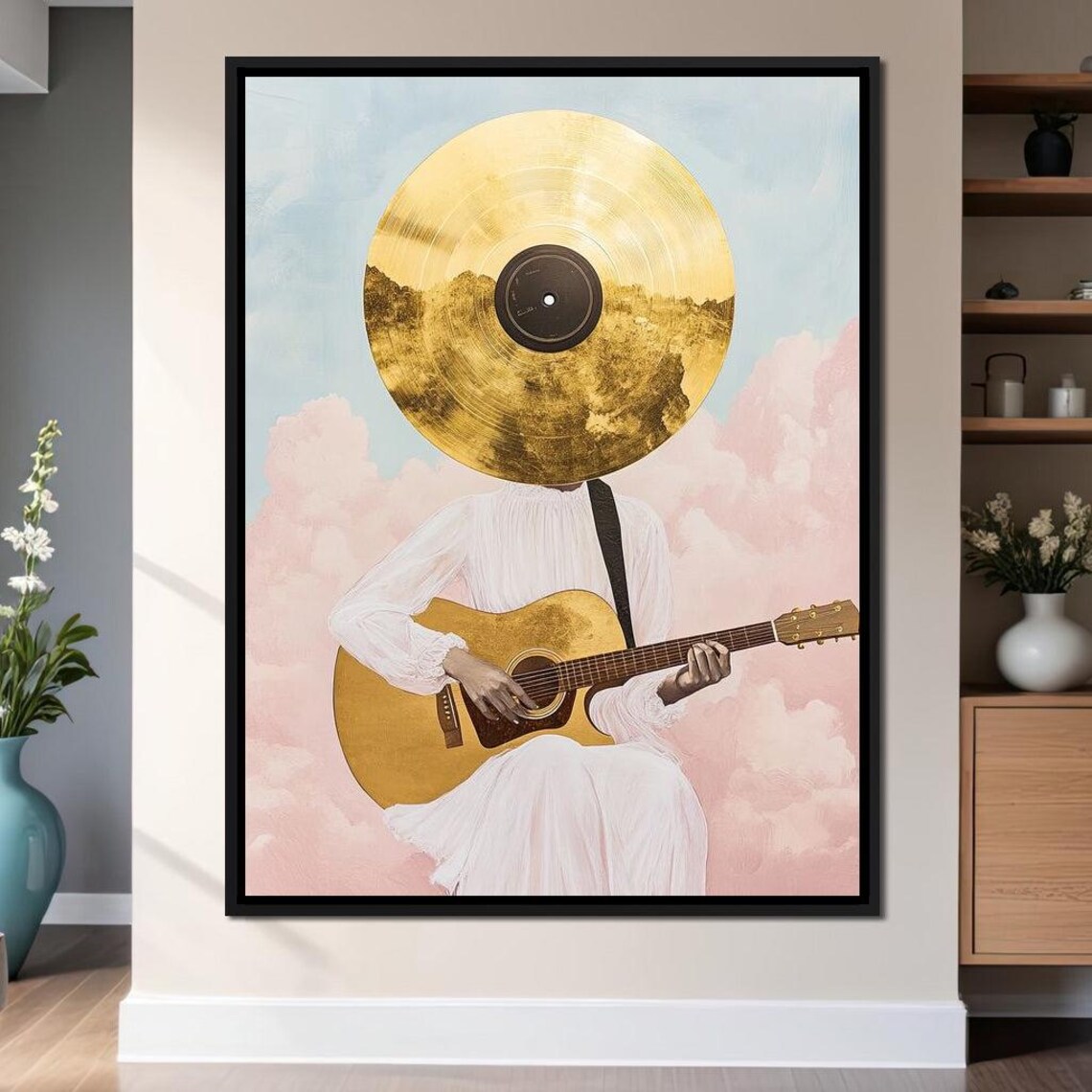 Golden Vinyl Record Head Guitar Player Pink Clouds Dreamy Music Art Poster