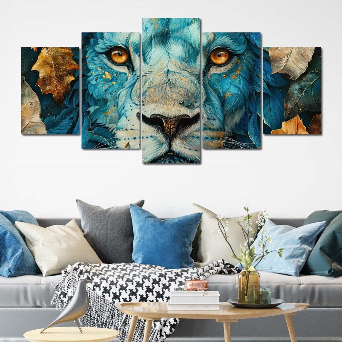 Sapphire Blue Lion Face Framed Autumn Leaves Bold Animal Art Poster - Image 2