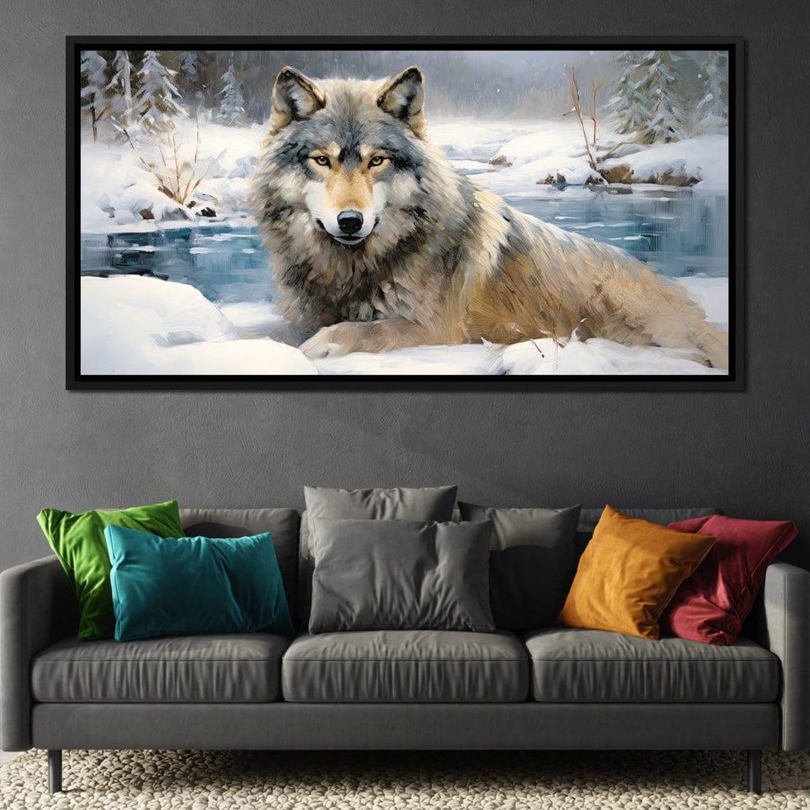 Majestic Grey Wolf Snowy Forest Stream Winter Wildlife Art Poster - Image 2