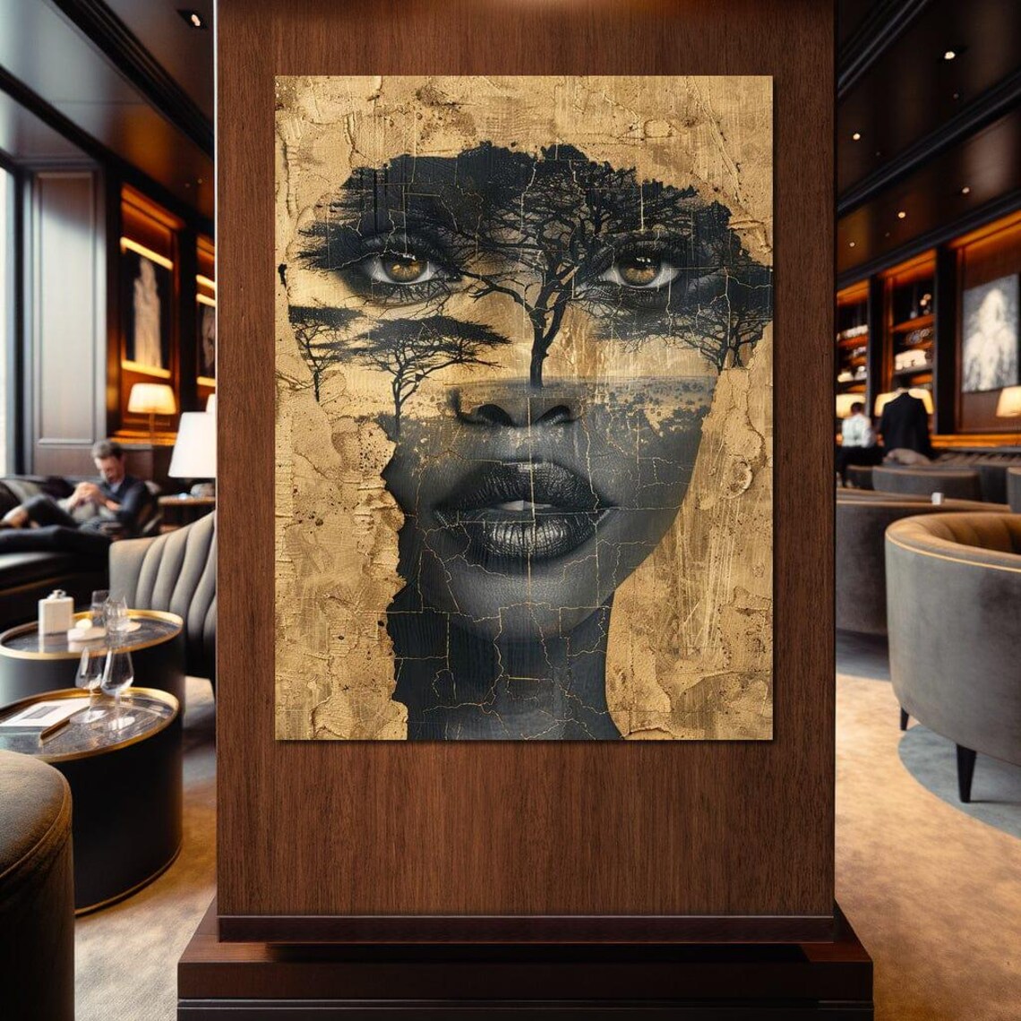 Golden Savanna Face Cracked Gold Acacia Tree Portrait Wall Art - Image 3