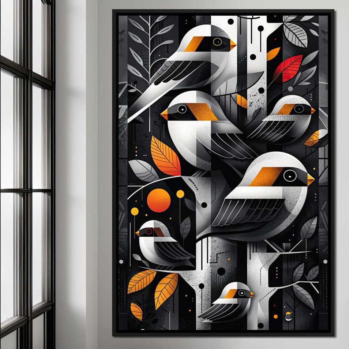 Geometric Songbirds Orange Patches Dark Autumn Night Wall Art - Image 4