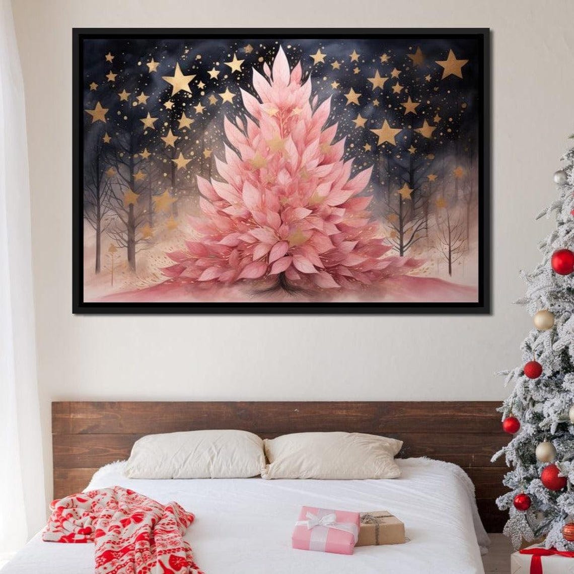 Pink Christmas Tree Gold Stars Night Botanical Holiday Wall Art