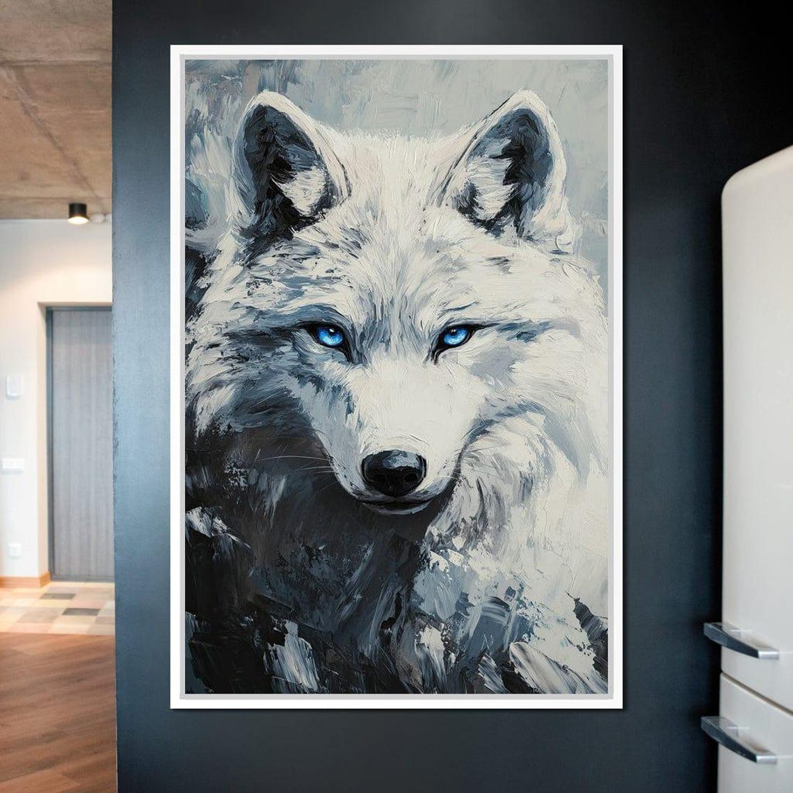White Wolf Blue Eyes Close Up Painterly Winter Wildlife Wall Art Print - Image 4
