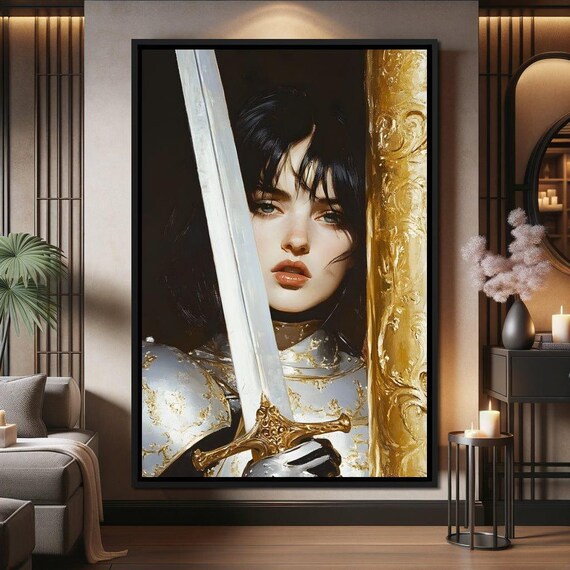 Armored Female Knight Holding a Sword by a Golden Pillar Poster