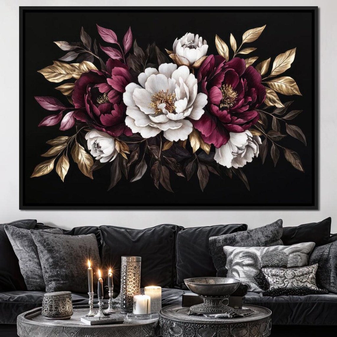 Burgundy White Peonies With Golden Leaves On Black Floral Art Poster - Image 4