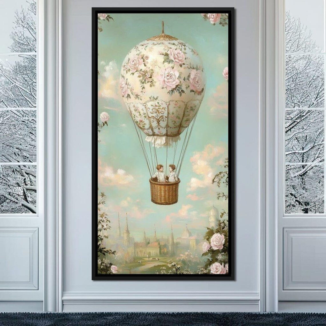 Vintage Rose Hot Air Balloon Children Dreamy European Sky Wall Art - Image 4