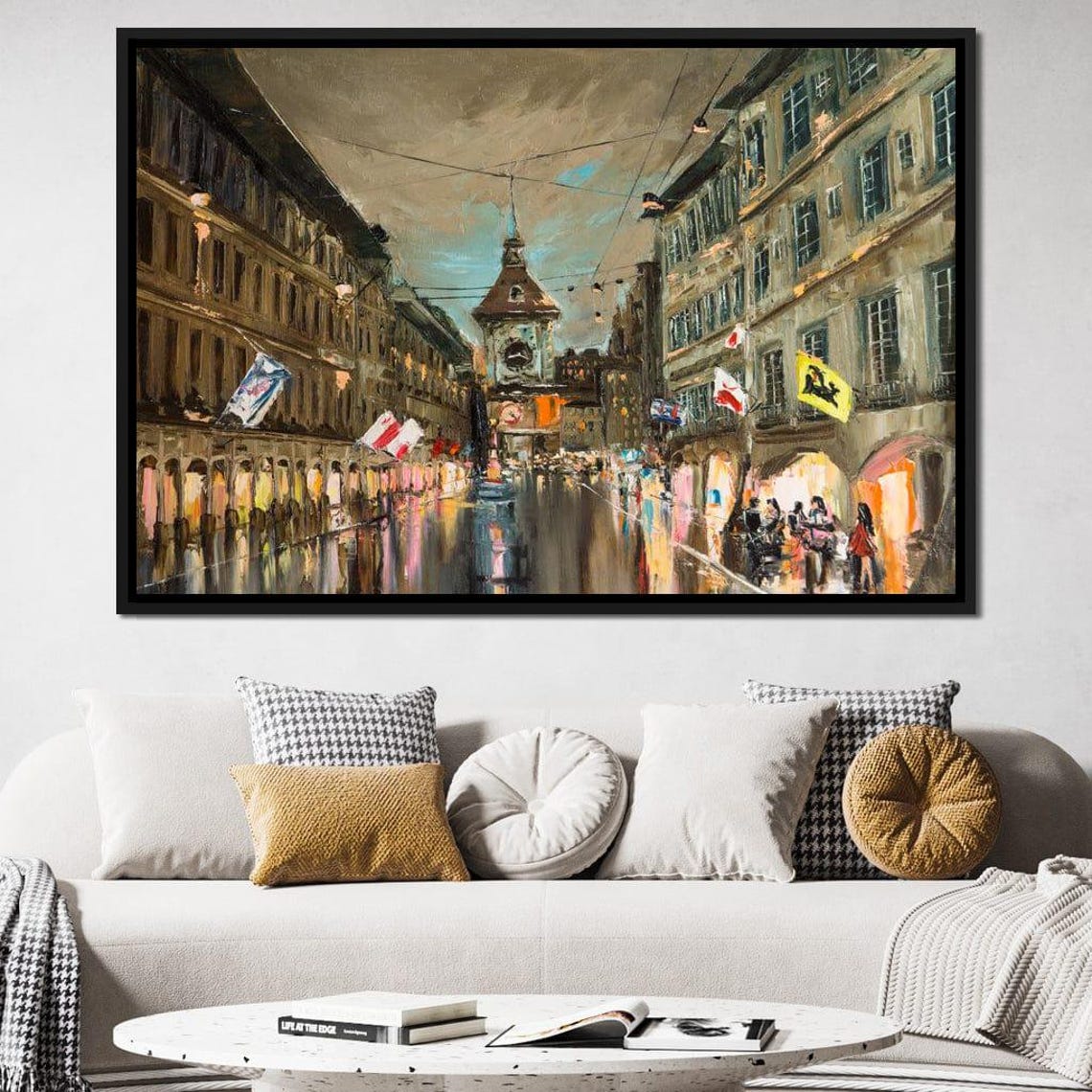 European City Czech Republic Oil Painting Wall Art Cozy Urban Street View Night City Lights Modern Decor By Nichecanvas