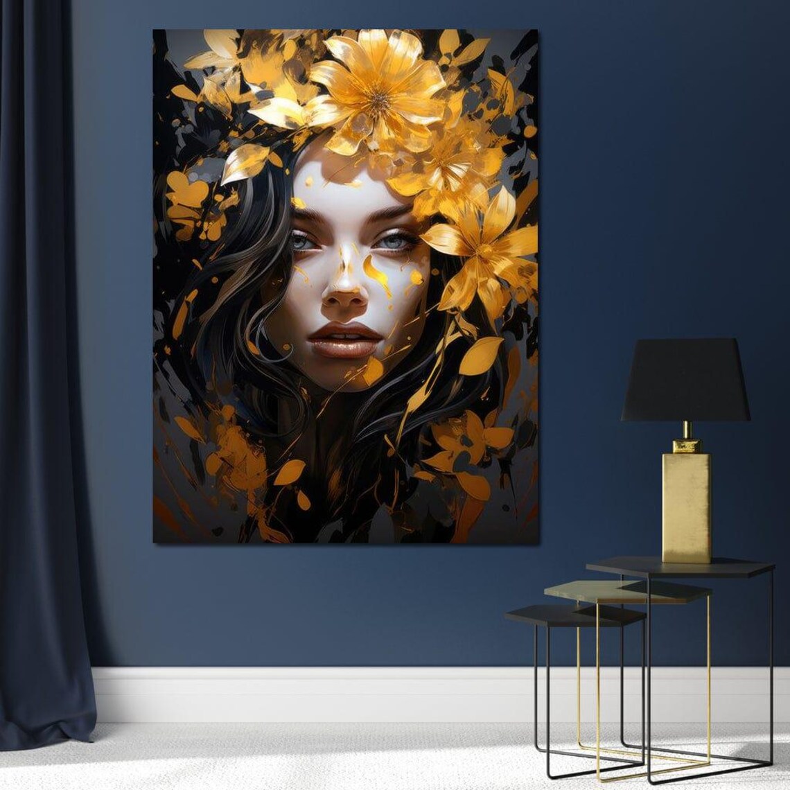 Golden Blossoms Woman Portrait Dark Dramatic Floral Wall Art Print - Image 4