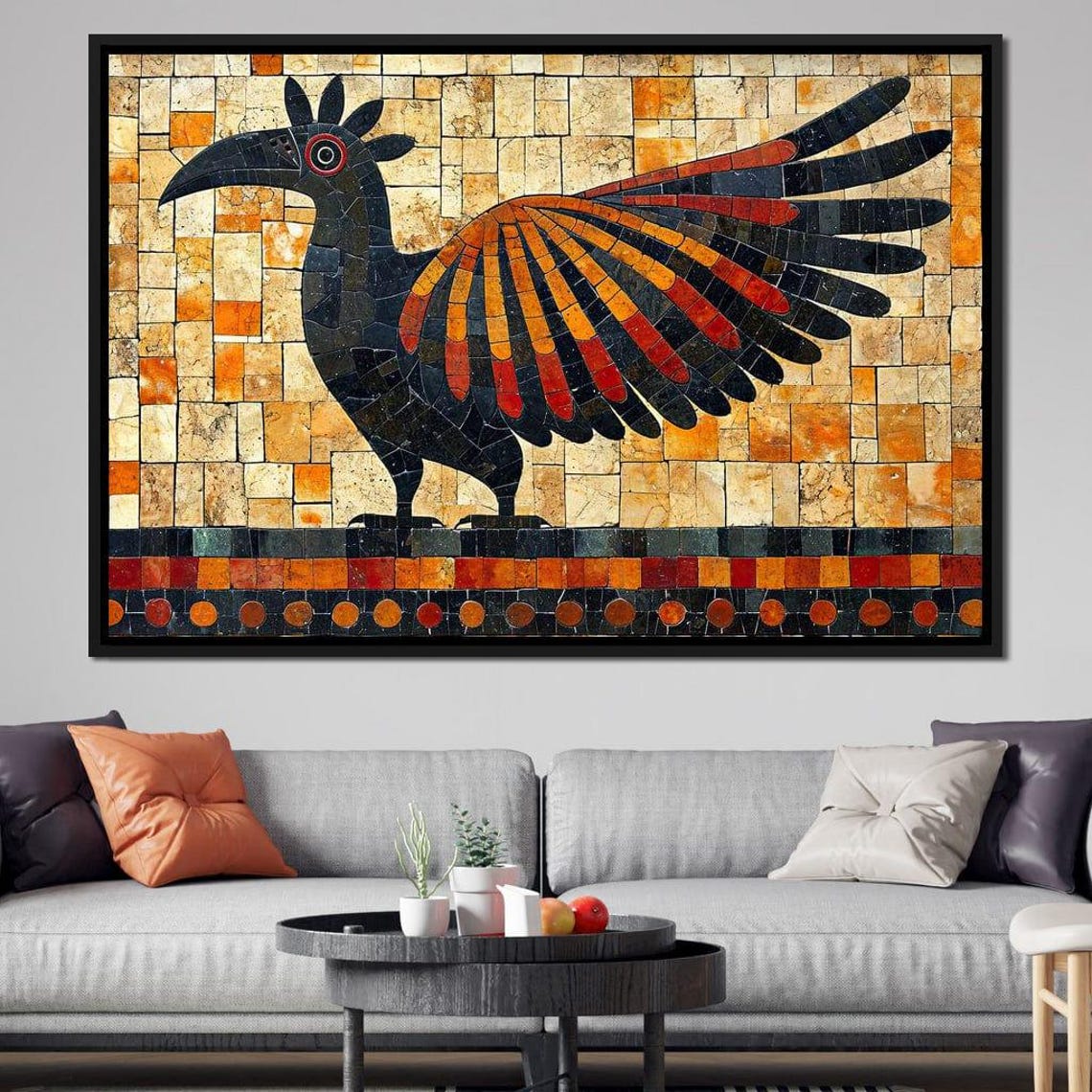 Mosaic Bird in Flight Black Orange Tiles Folk Art Style Wall Art Print