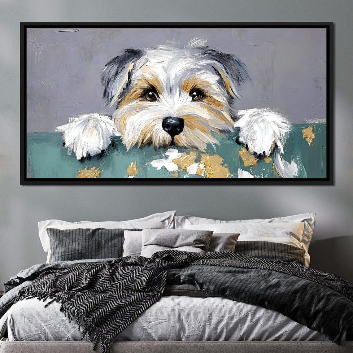 Yorkshire Terrier Puppy Peeking Over a Teal Wall with Gold Poster