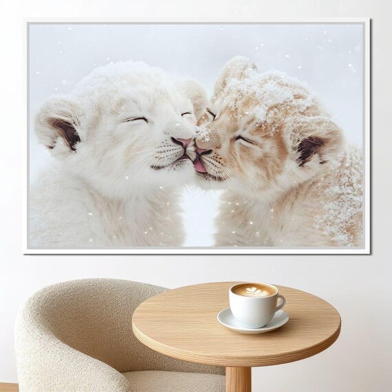 Two Lion Cubs Nuzzling In Falling Snow Wildlife Photo Poster