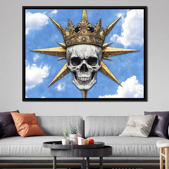 Majestic Crowned Skull Skies Gothic Home Decor Unique Wall Art Dark Fantasy Edgy Blue Sky By Nichecanvas